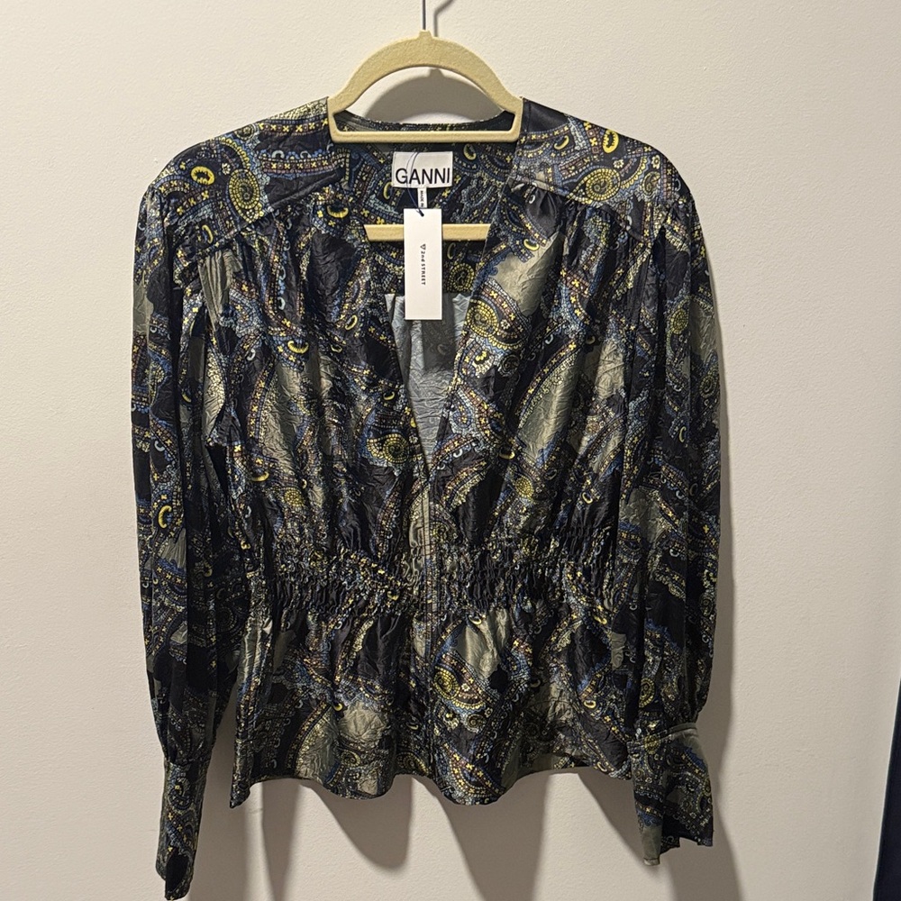 Ganni Plunging Silky Paisley Blouse
